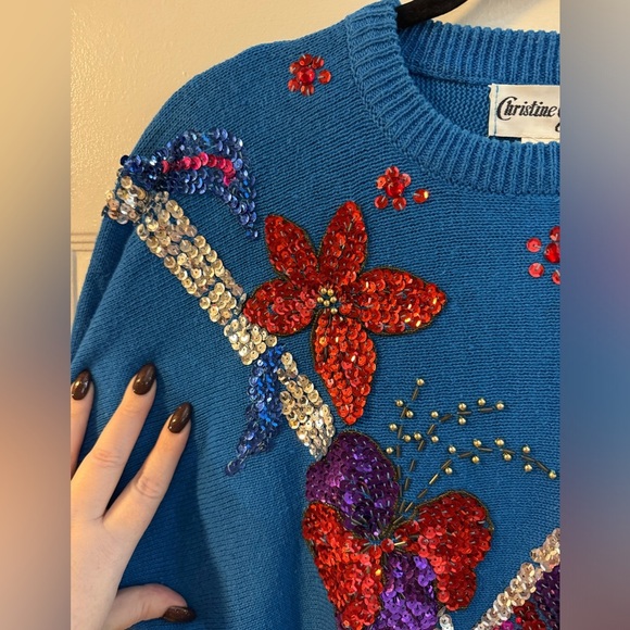 Vintage 90’s Sequin Embellished Blue Knit Grannycore Ramie Cotton Sweater Med - Picture 9 of 15